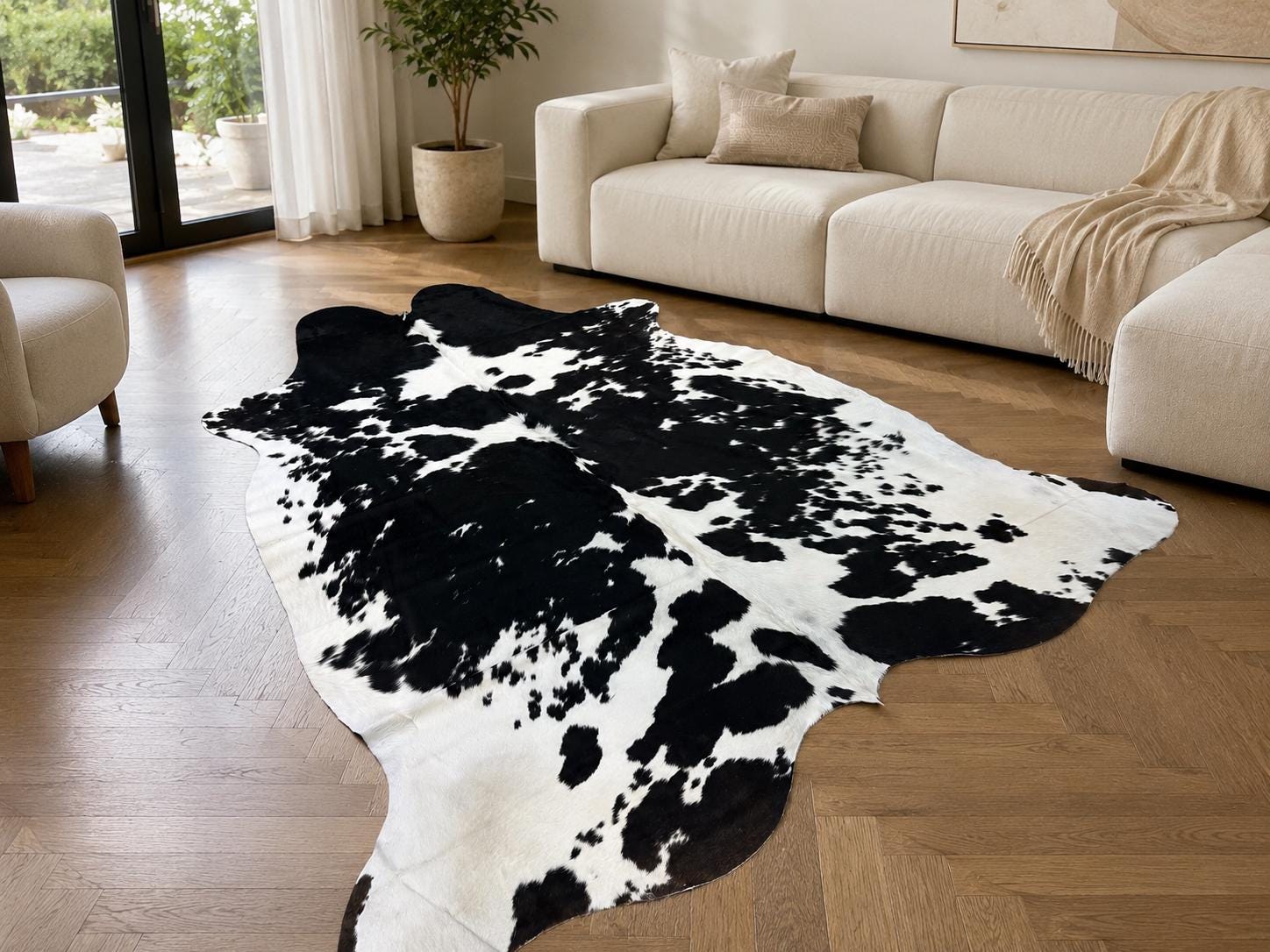Siyah Beyaz Dana Derisi Halı 217x240 cm – Doğal Kıllı İnek Derisi Western Çiftlik Evi Post Halı