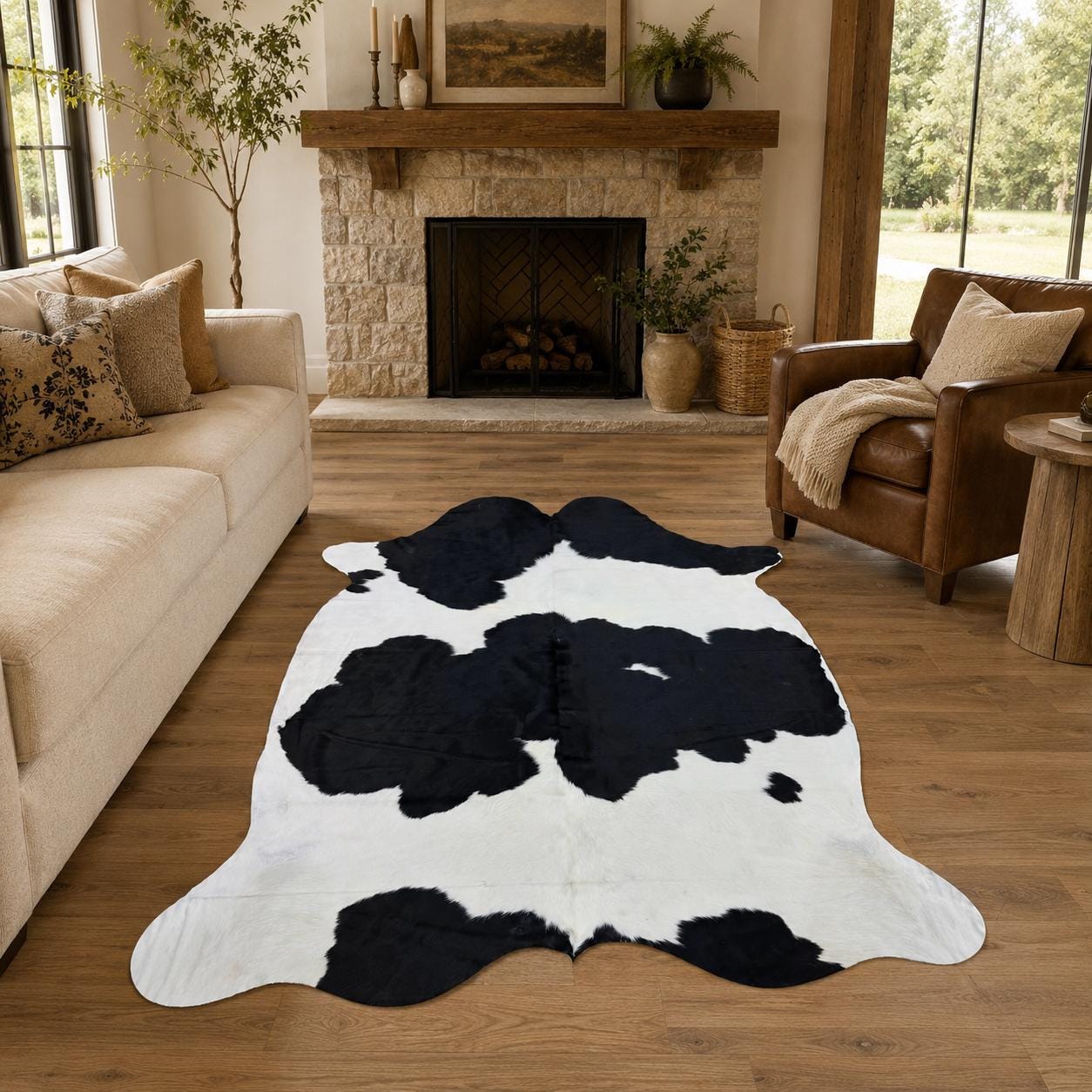 Hakiki Siyah Beyaz Dana Derisi Halı 196x230 cm – Gerçek Kıllı Doğal Post Halı