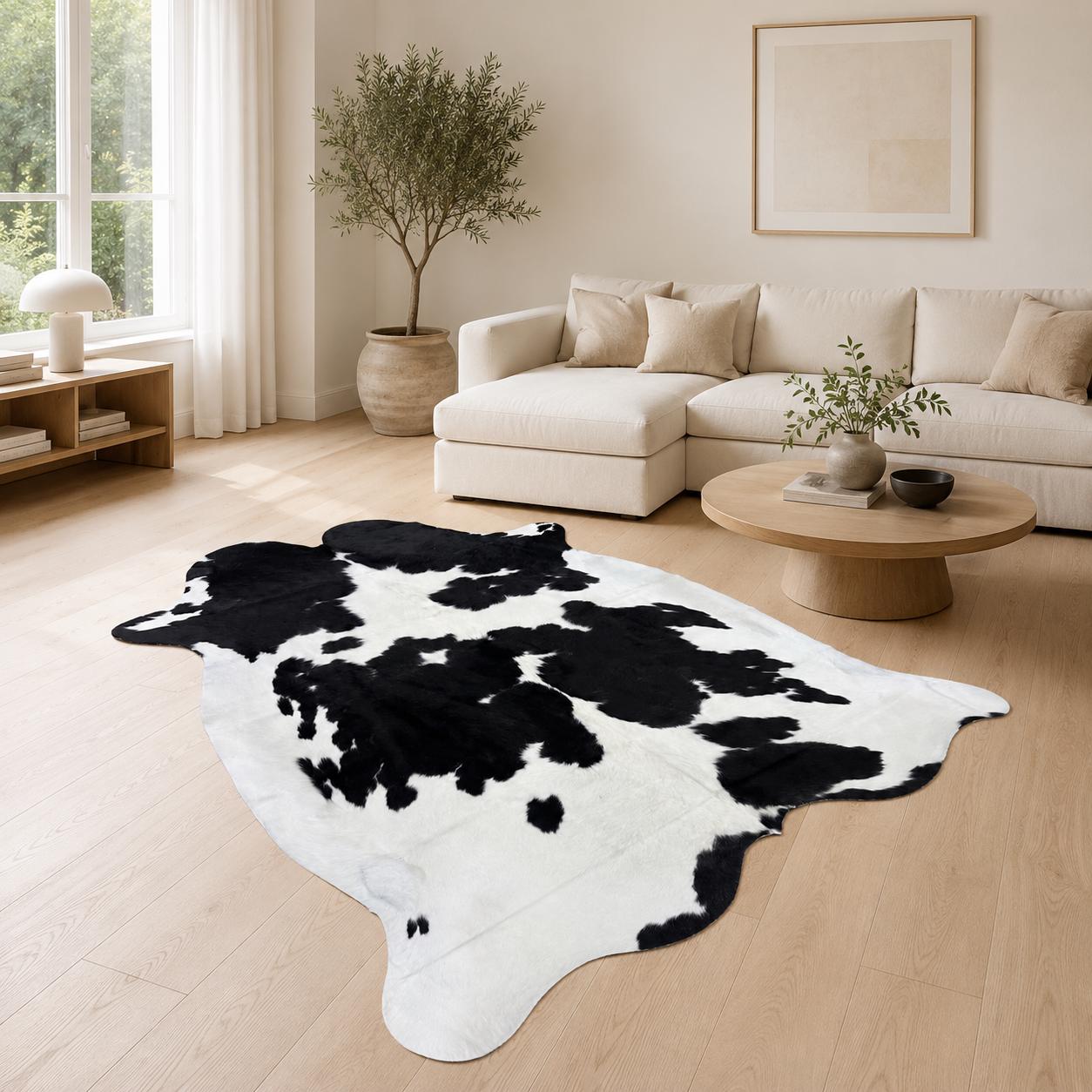 Hakiki Siyah Beyaz Dana Derisi Halı 202x228 cm – Cesur Benekli Kıllı Post Halı Çiftlik Evi Dekor