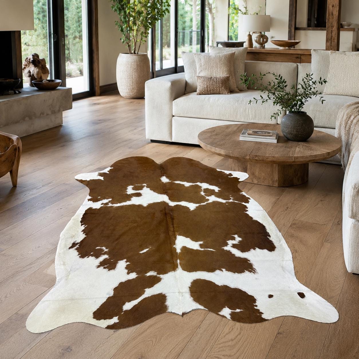Hakiki Bal Rengi Kahverengi Beyaz Dana Derisi Halı 196x230 cm – Gerçek Kıllı İnek Derisi Post Halı