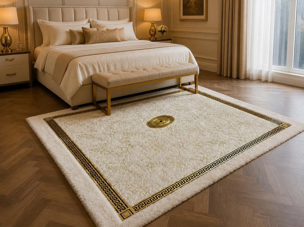 Grek motifli altın varaklı peluş halı yatak odası